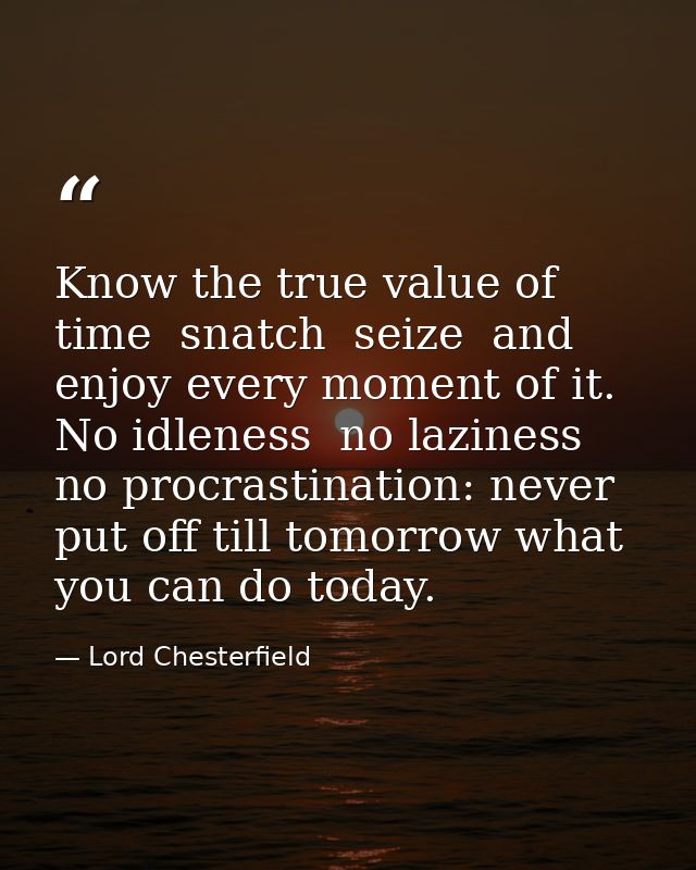 Know the true value of time  snatch  seize  and enjoy every moment of it. No idleness  no laziness  no procrastination:  — Lord Chesterfield