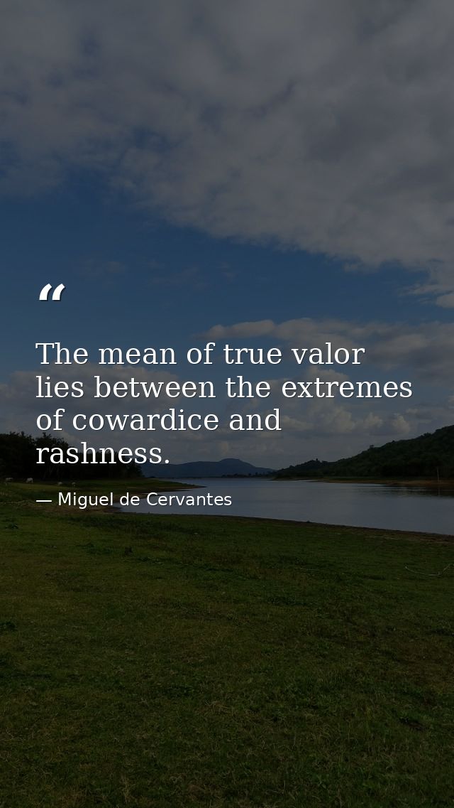 The mean of true valor lies between the extremes of cowardice and rashness. — Miguel de Cervantes