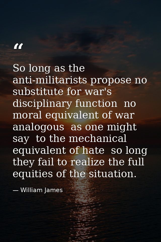 So long as the anti-militarists propose no substitute for war's disciplinary function  no moral equivalent of war  analo — William James