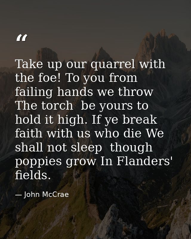 Take up our quarrel with the foe! To you from failing hands we throw The torch  be yours to hold it high. If ye break fa — John McCrae