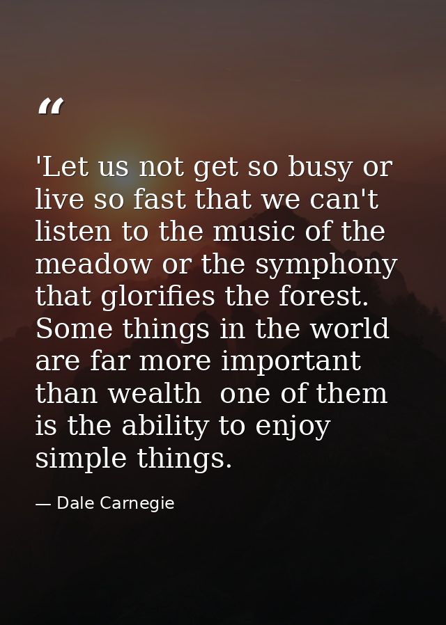 'Let us not get so busy or live so fast that we can't listen to the music of the meadow or the symphony that glorifies t — Dale Carnegie