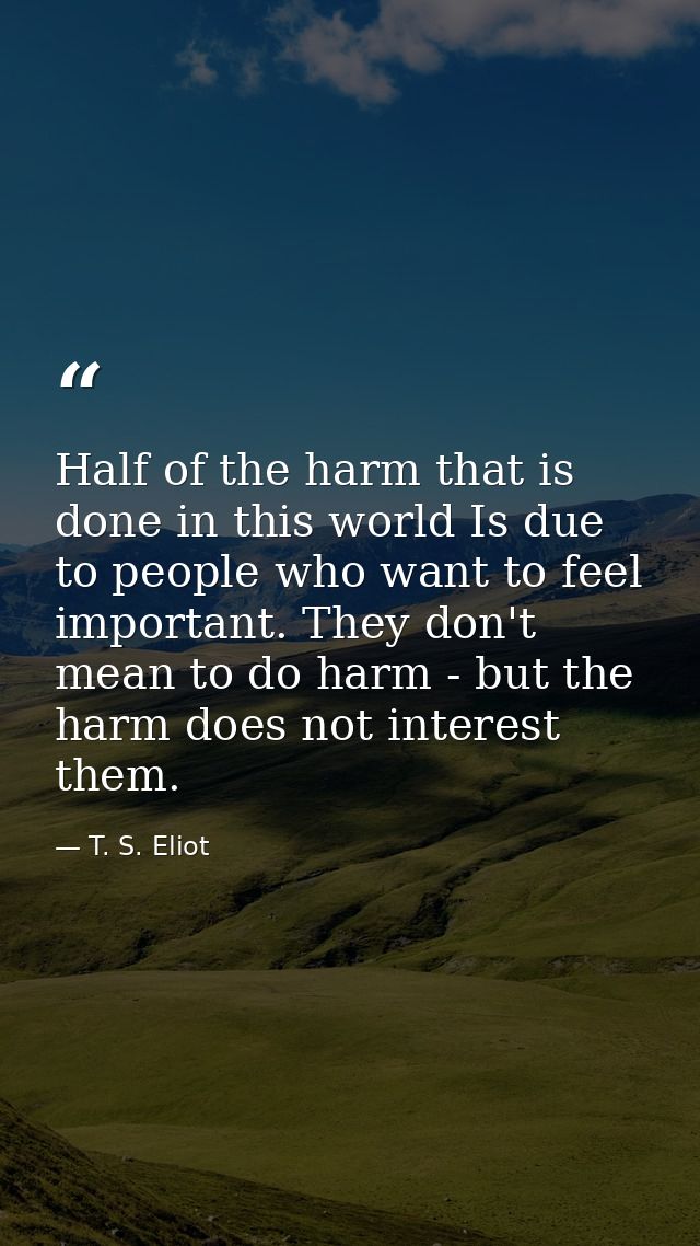 Half of the harm that is done in this world Is due to people who want to feel important. They don't mean to do harm - bu — T. S. Eliot