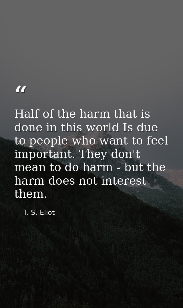 Half of the harm that is done in this world Is due to people who want to feel important. They don't mean to do harm - bu — T. S. Eliot
