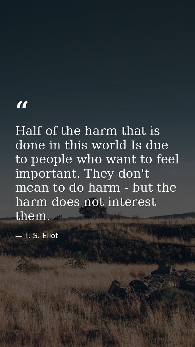 Half of the harm that is done in this world Is due to people who want to feel important. They don't mean to do harm - bu — T. S. Eliot