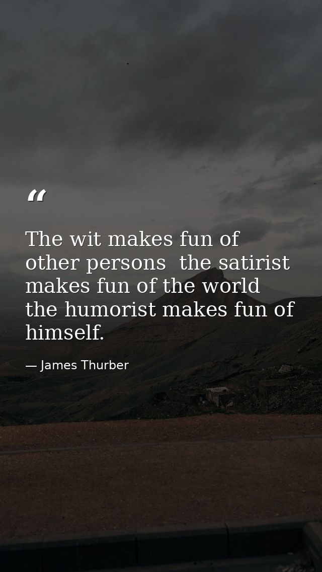 The wit makes fun of other persons  the satirist makes fun of the world  the humorist makes fun of himself. — James Thurber
