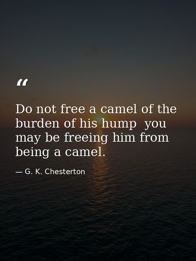 Do not free a camel of the burden of his hump  you may be freeing him from being a camel. — G. K. Chesterton