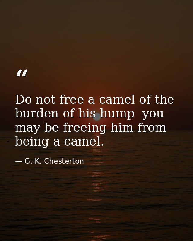 Do not free a camel of the burden of his hump  you may be freeing him from being a camel. — G. K. Chesterton