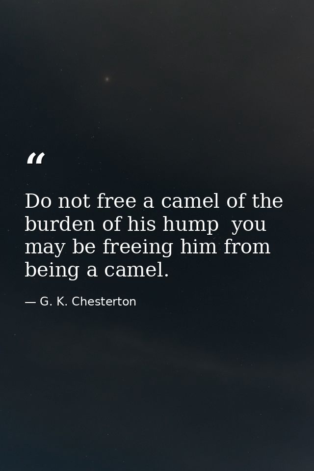 Do not free a camel of the burden of his hump  you may be freeing him from being a camel. — G. K. Chesterton