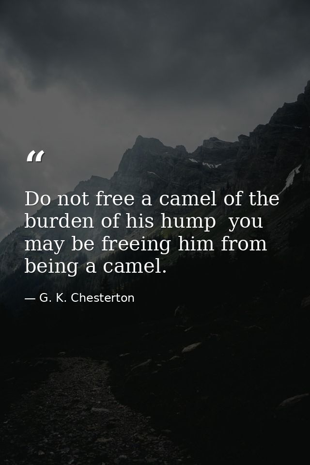 Do not free a camel of the burden of his hump  you may be freeing him from being a camel. — G. K. Chesterton