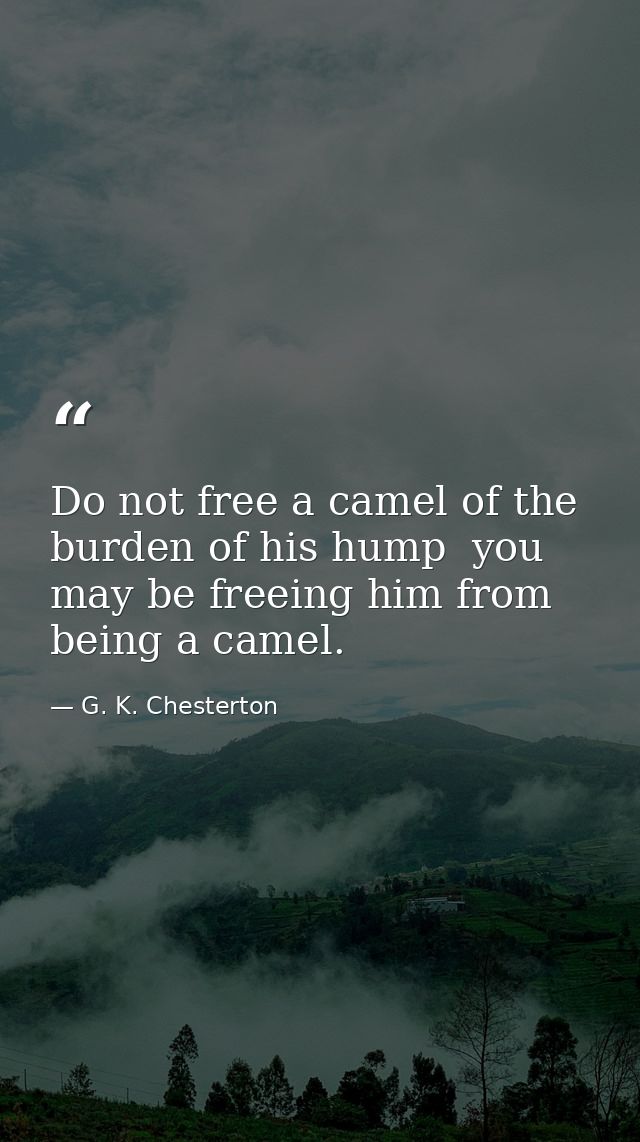 Do not free a camel of the burden of his hump  you may be freeing him from being a camel. — G. K. Chesterton