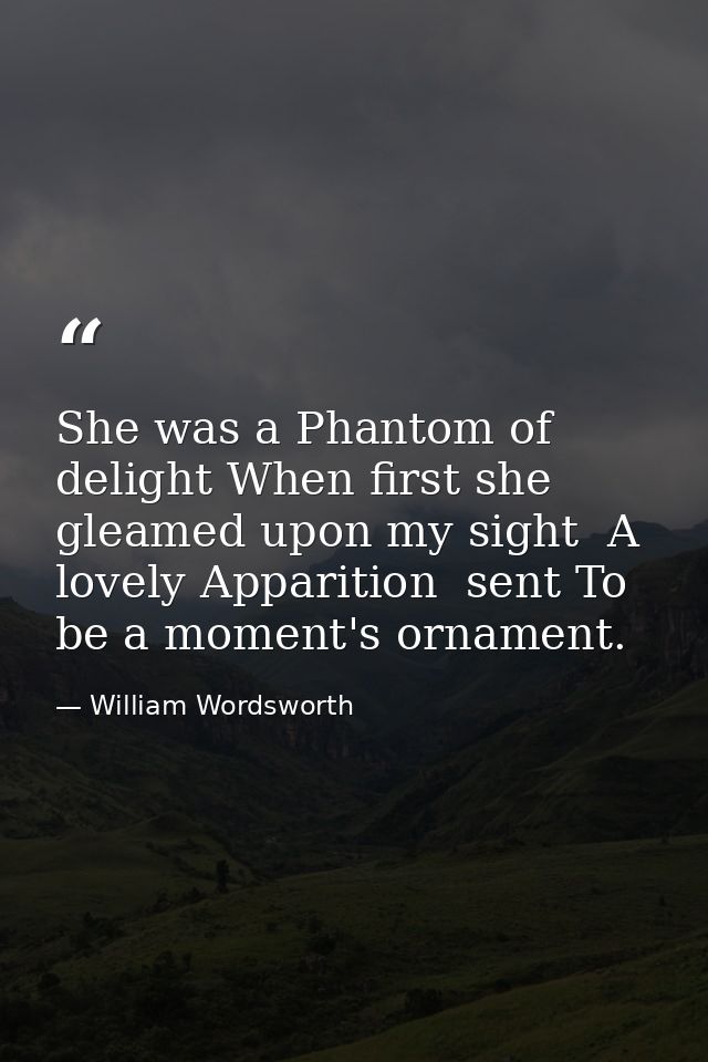 She was a Phantom of delight When first she gleamed upon my sight  A lovely Apparition  sent To be a moment's ornament. — William Wordsworth
