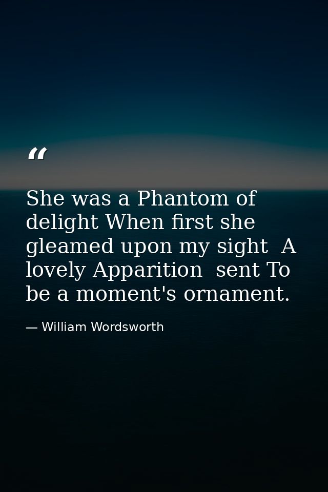 She was a Phantom of delight When first she gleamed upon my sight  A lovely Apparition  sent To be a moment's ornament. — William Wordsworth