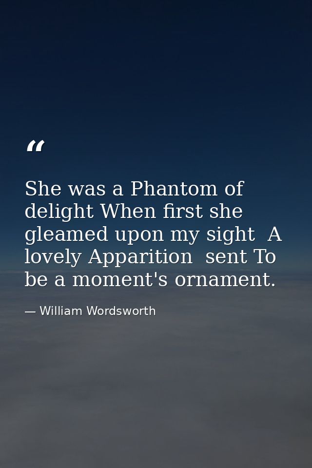 She was a Phantom of delight When first she gleamed upon my sight  A lovely Apparition  sent To be a moment's ornament. — William Wordsworth