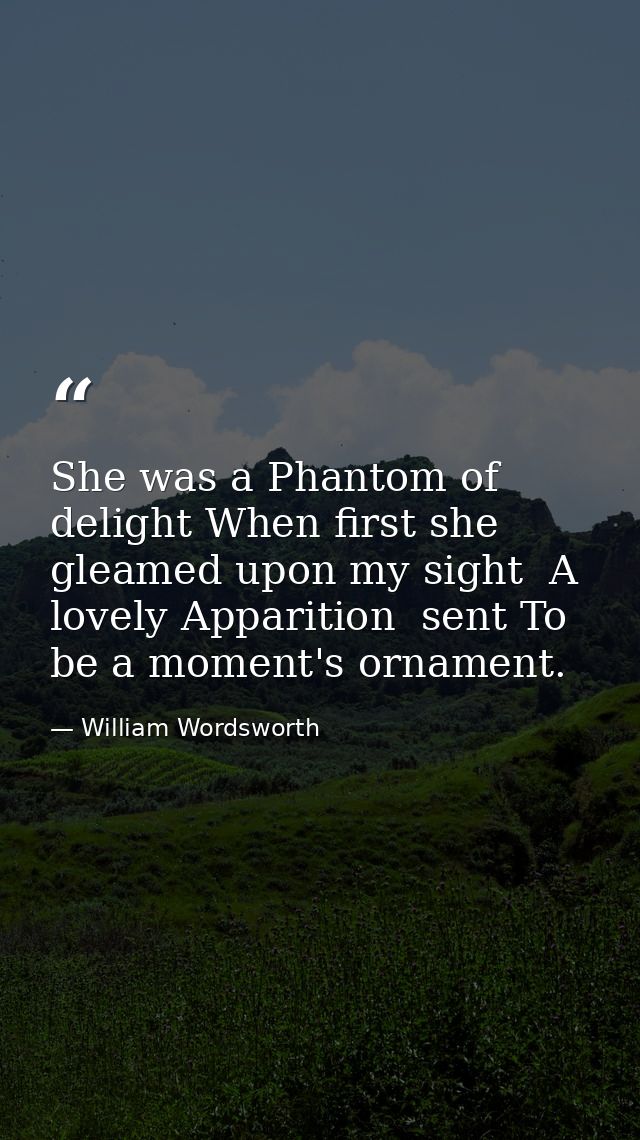 She was a Phantom of delight When first she gleamed upon my sight  A lovely Apparition  sent To be a moment's ornament. — William Wordsworth