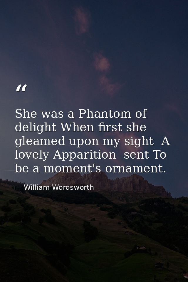 She was a Phantom of delight When first she gleamed upon my sight  A lovely Apparition  sent To be a moment's ornament. — William Wordsworth