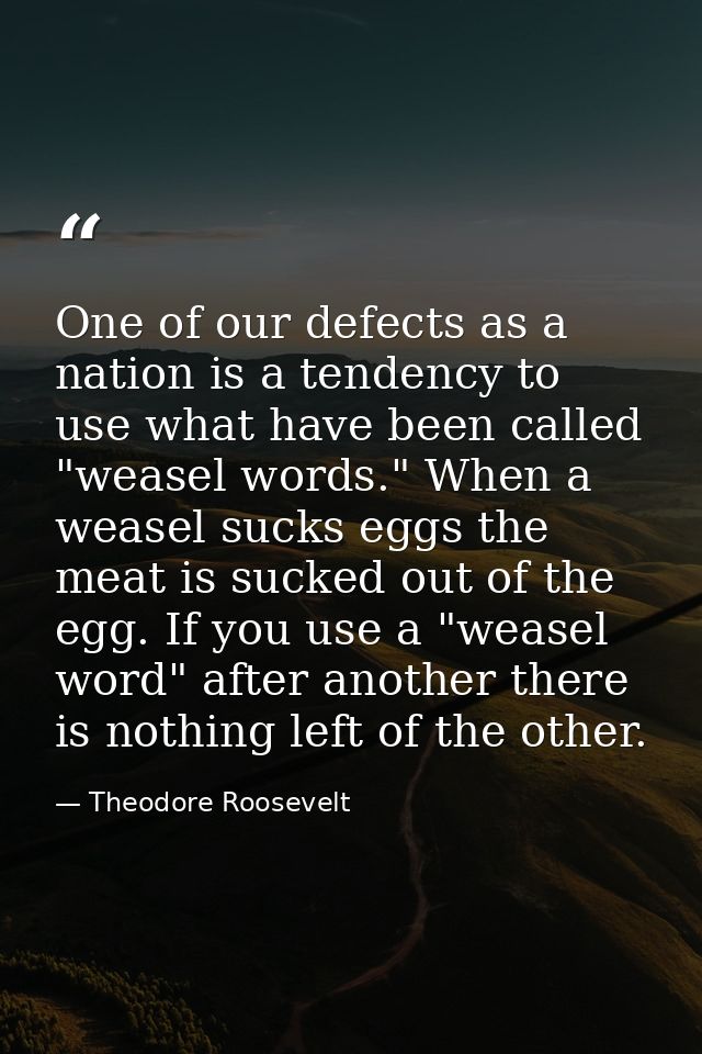 One of our defects as a nation is a tendency to use what have been called "weasel words." When a weasel sucks eggs the m — Theodore Roosevelt