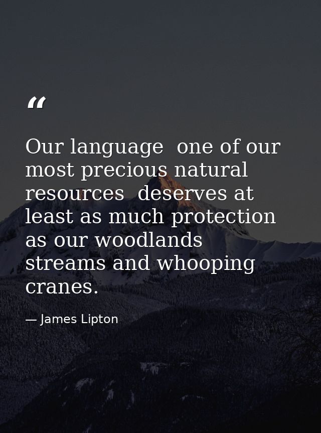 Our language  one of our most precious natural resources  deserves at least as much protection as our woodlands  streams — James Lipton