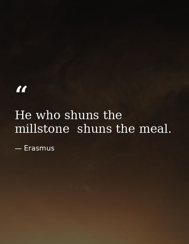 He who shuns the millstone  shuns the meal. — Erasmus