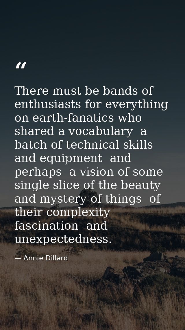 There must be bands of enthusiasts for everything on earth-fanatics who shared a vocabulary  a batch of technical skills — Annie Dillard