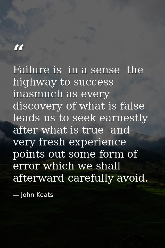 Failure is  in a sense  the highway to success  inasmuch as every discovery of what is false leads us to seek earnestly  — John Keats