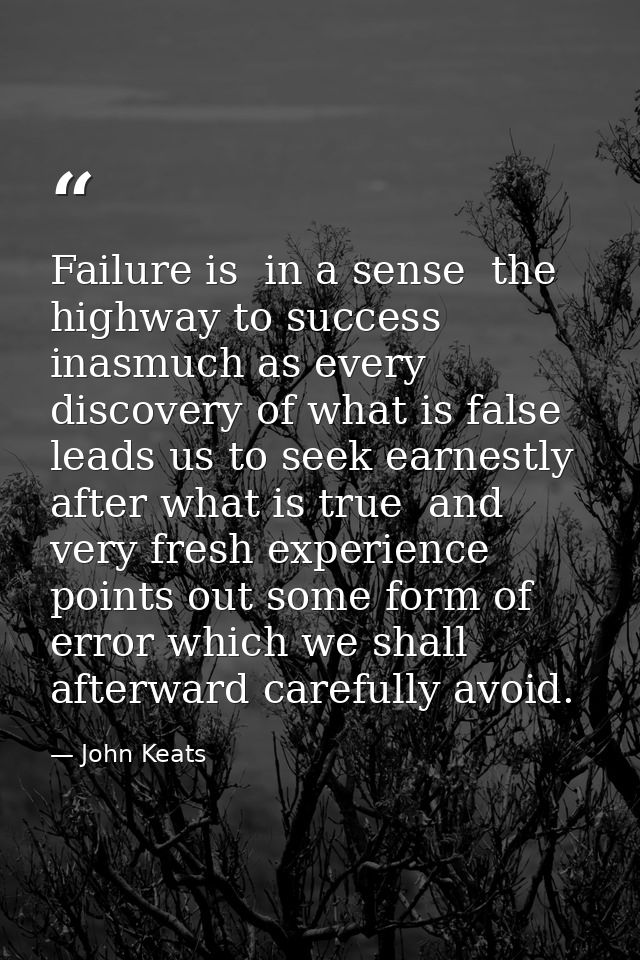 Failure is  in a sense  the highway to success  inasmuch as every discovery of what is false leads us to seek earnestly  — John Keats