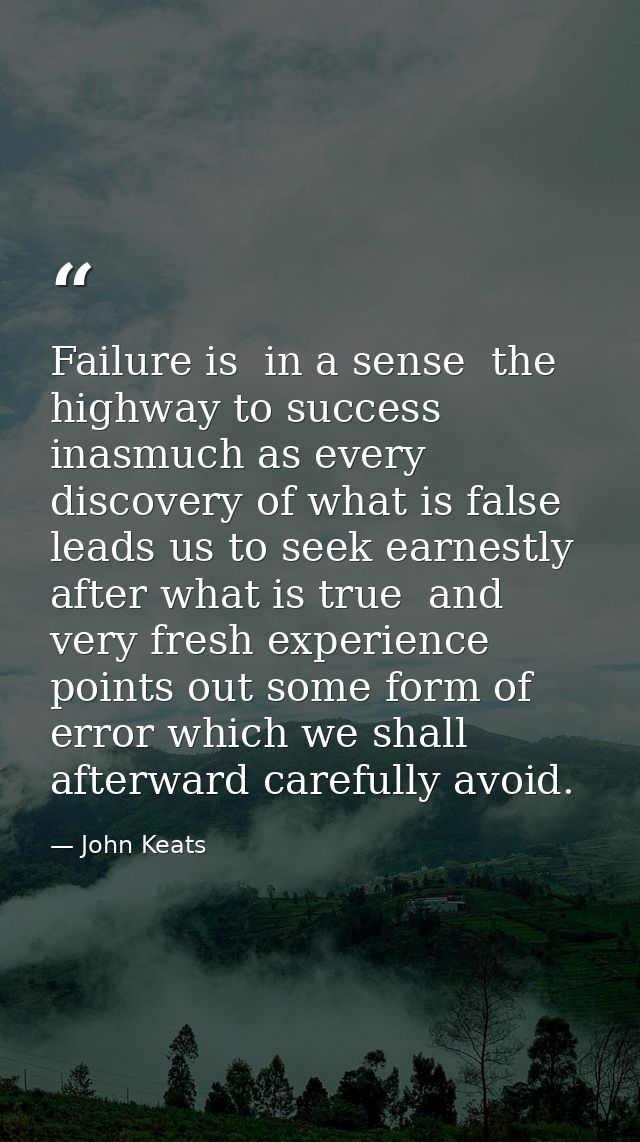 Failure is  in a sense  the highway to success  inasmuch as every discovery of what is false leads us to seek earnestly  — John Keats