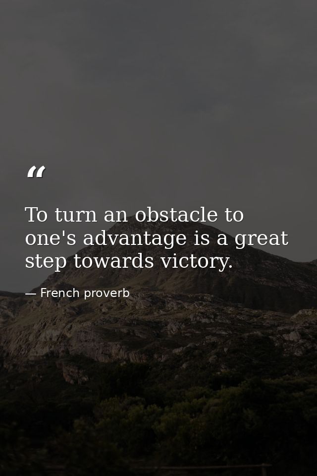 To turn an obstacle to one's advantage is a great step towards victory. — French proverb