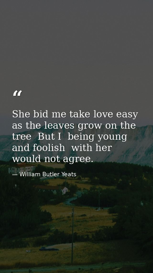 She bid me take love easy  as the leaves grow on the tree  But I  being young and foolish  with her would not agree. — William Butler Yeats