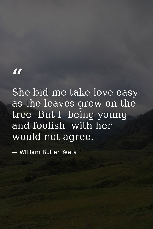 She bid me take love easy  as the leaves grow on the tree  But I  being young and foolish  with her would not agree. — William Butler Yeats