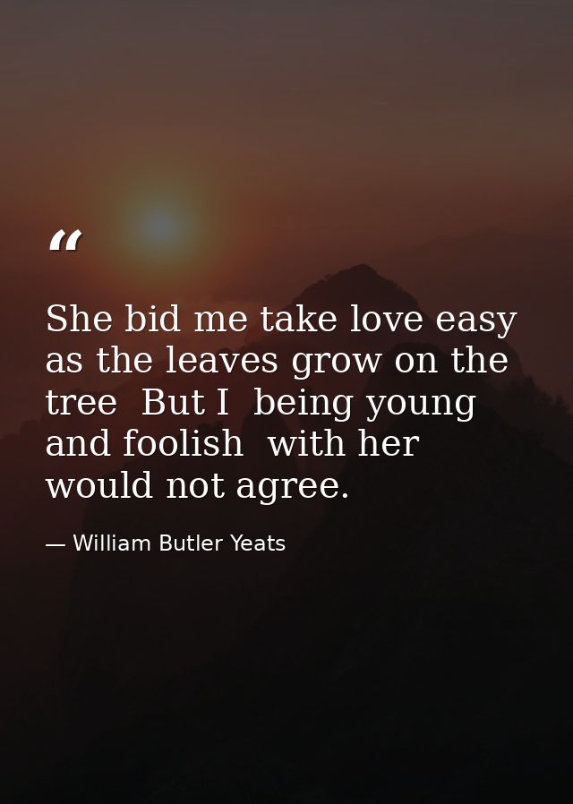 She bid me take love easy  as the leaves grow on the tree  But I  being young and foolish  with her would not agree. — William Butler Yeats
