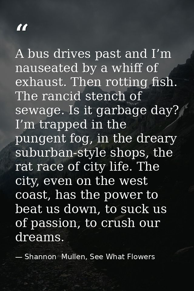 A bus drives past and I’m nauseated by a whiff of exhaust. Then rotting fish. The rancid stench of sewage. Is it garbage — Shannon  Mullen, See What Flowers