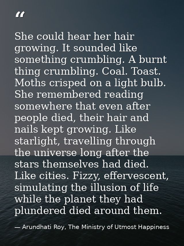 She could hear her hair growing. It sounded like something crumbling. A burnt thing crumbling. Coal. Toast. Moths crispe — Arundhati Roy, The Ministry of Utmost Happiness