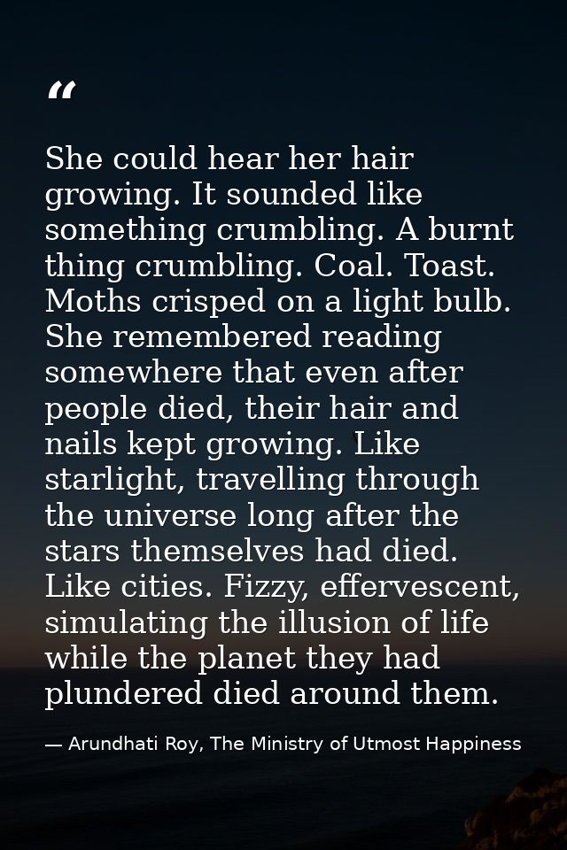 She could hear her hair growing. It sounded like something crumbling. A burnt thing crumbling. Coal. Toast. Moths crispe — Arundhati Roy, The Ministry of Utmost Happiness