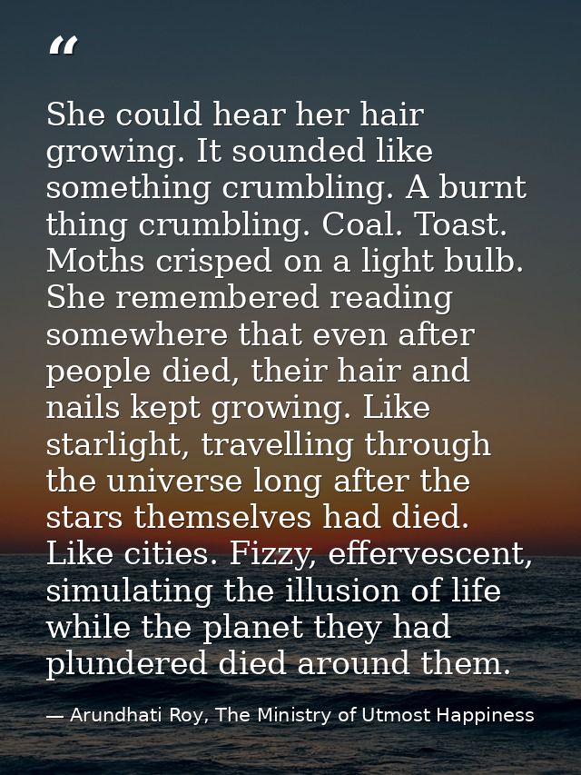 She could hear her hair growing. It sounded like something crumbling. A burnt thing crumbling. Coal. Toast. Moths crispe — Arundhati Roy, The Ministry of Utmost Happiness