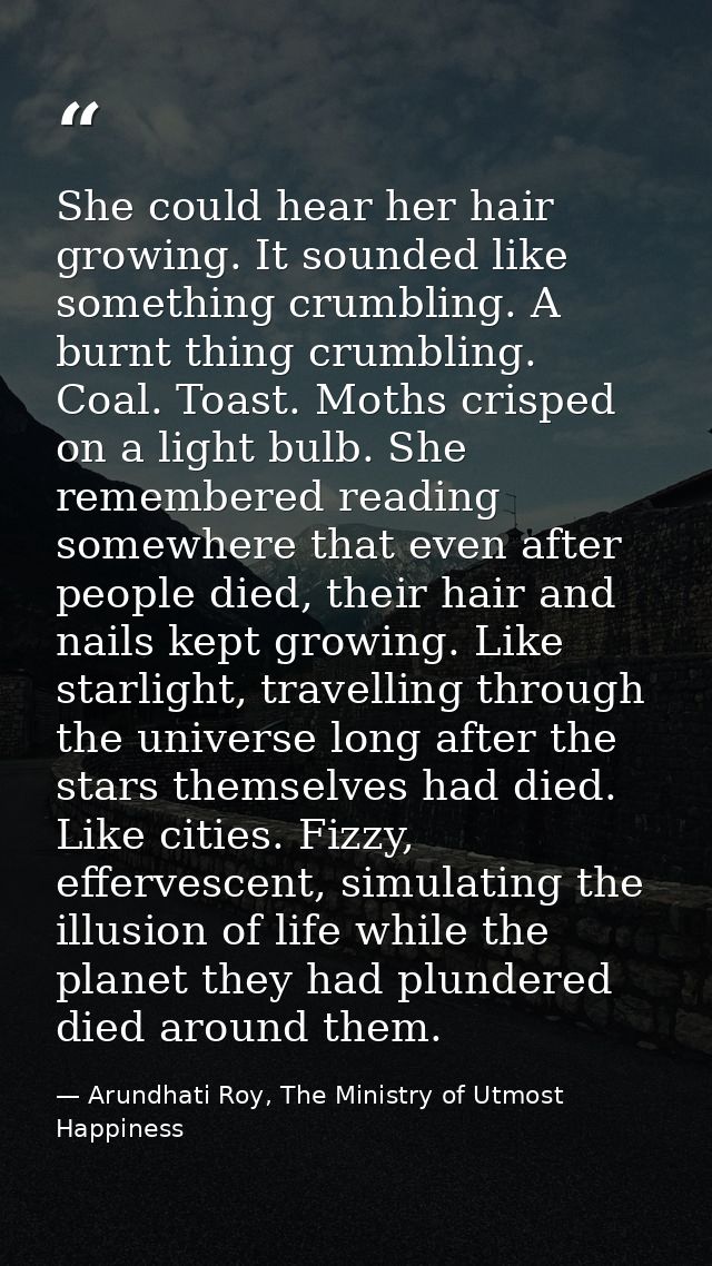 She could hear her hair growing. It sounded like something crumbling. A burnt thing crumbling. Coal. Toast. Moths crispe — Arundhati Roy, The Ministry of Utmost Happiness