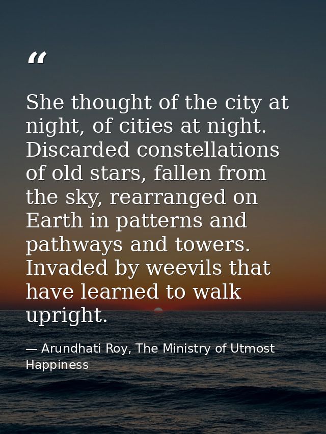 She thought of the city at night, of cities at night. Discarded constellations of old stars, fallen from the sky, rearra — Arundhati Roy, The Ministry of Utmost Happiness
