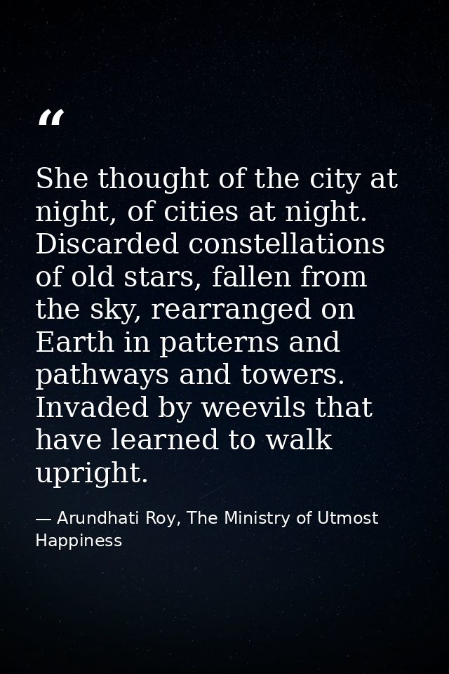 She thought of the city at night, of cities at night. Discarded constellations of old stars, fallen from the sky, rearra — Arundhati Roy, The Ministry of Utmost Happiness