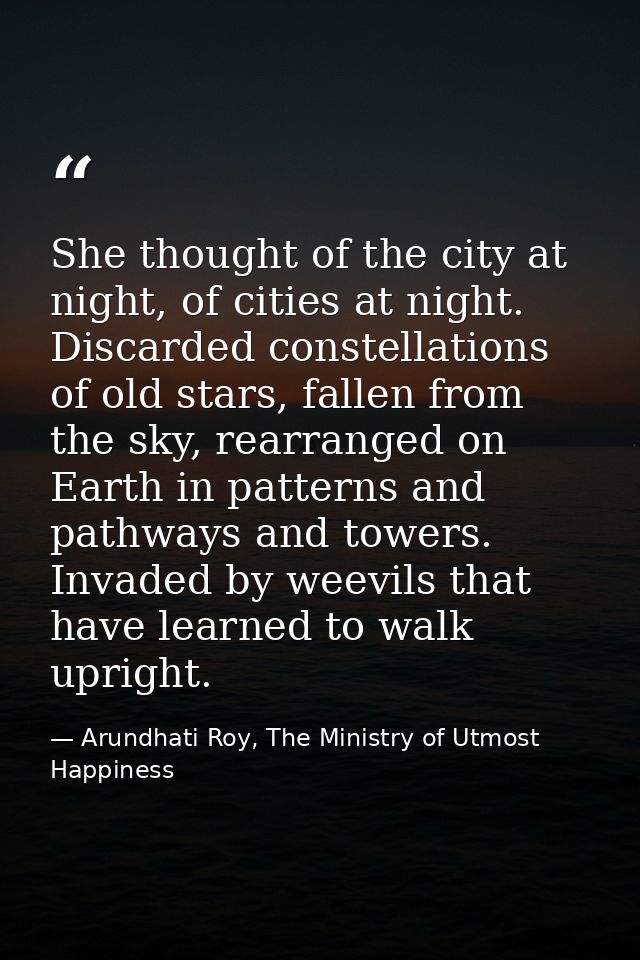 She thought of the city at night, of cities at night. Discarded constellations of old stars, fallen from the sky, rearra — Arundhati Roy, The Ministry of Utmost Happiness