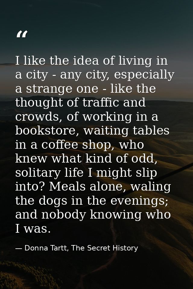 I like the idea of living in a city - any city, especially a strange one - like the thought of traffic and crowds, of wo — Donna Tartt, The Secret History