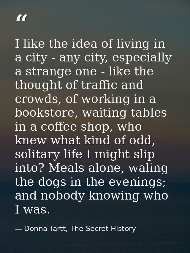 I like the idea of living in a city - any city, especially a strange one - like the thought of traffic and crowds, of wo — Donna Tartt, The Secret History