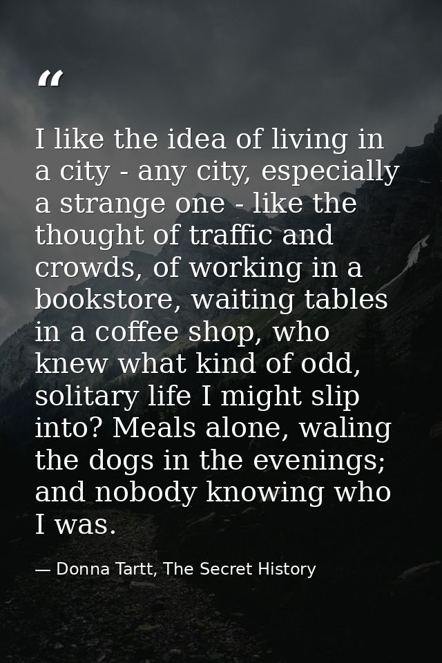 I like the idea of living in a city - any city, especially a strange one - like the thought of traffic and crowds, of wo — Donna Tartt, The Secret History