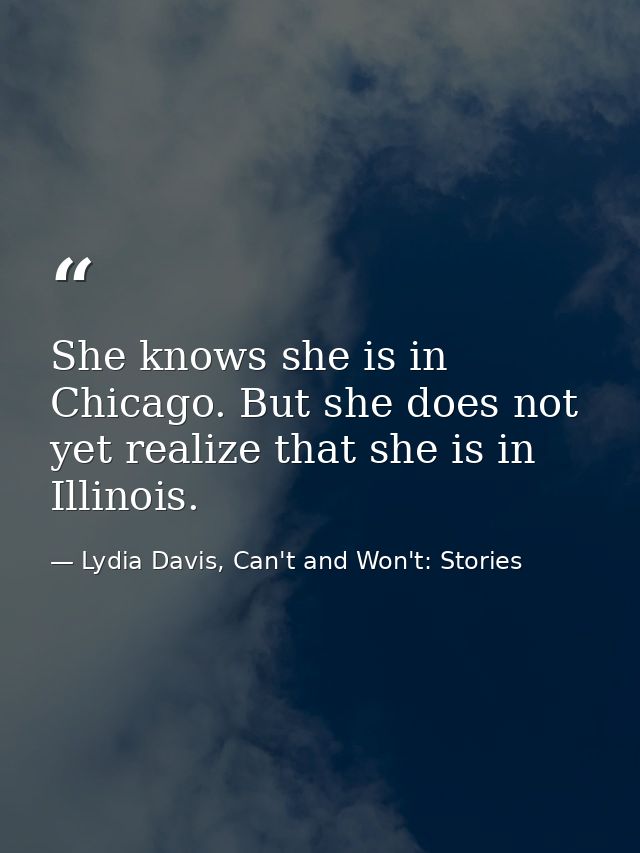 She knows she is in Chicago. But she does not yet realize that she is in Illinois. — Lydia Davis, Can't and Won't: Stories