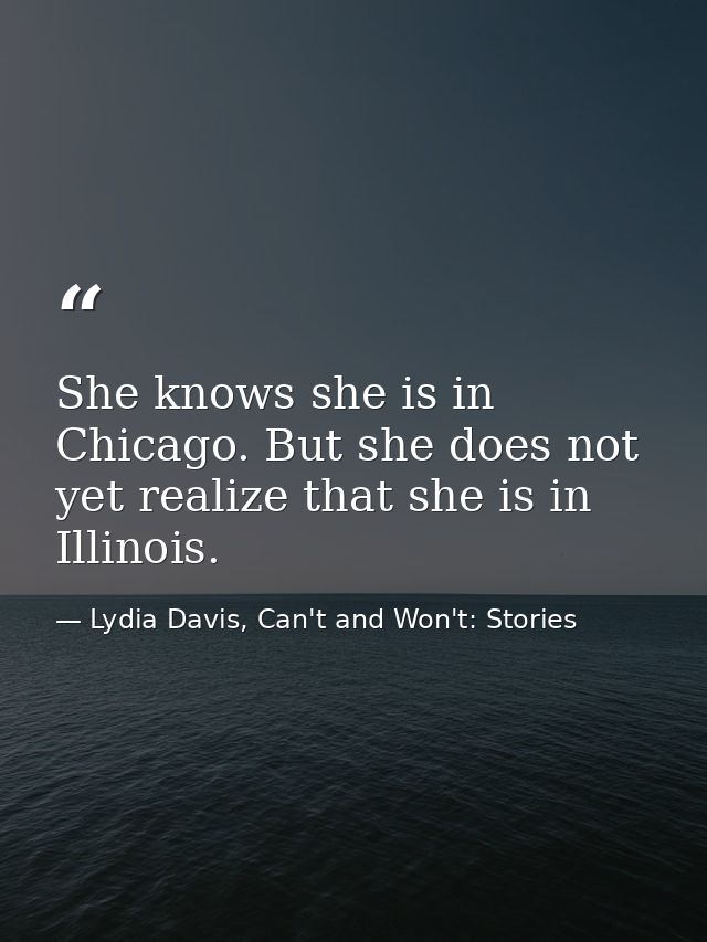 She knows she is in Chicago. But she does not yet realize that she is in Illinois. — Lydia Davis, Can't and Won't: Stories