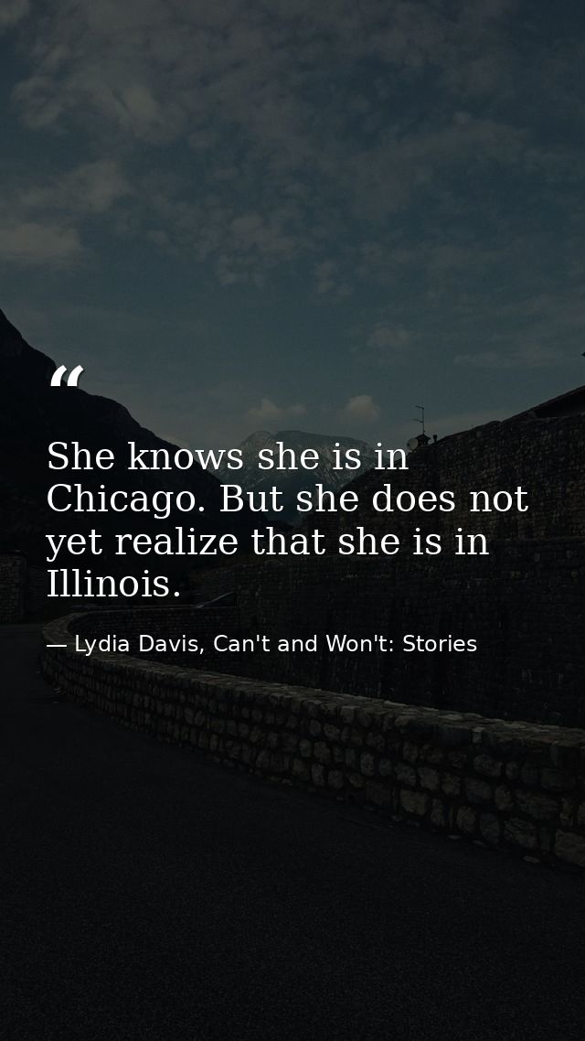 She knows she is in Chicago. But she does not yet realize that she is in Illinois. — Lydia Davis, Can't and Won't: Stories