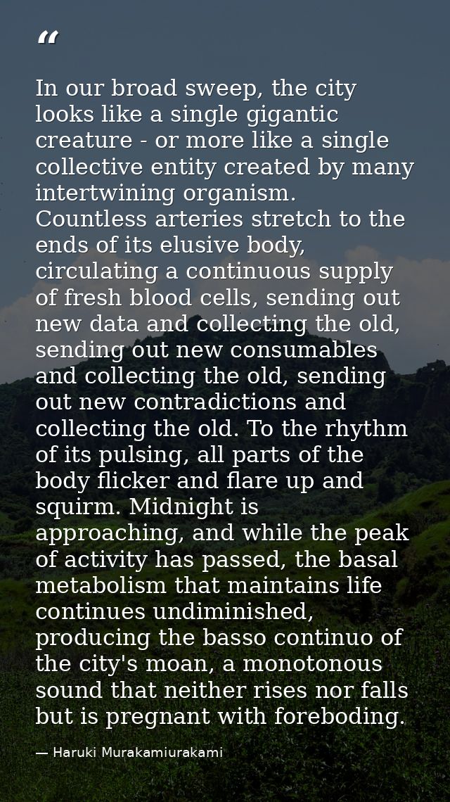 In our broad sweep, the city looks like a single gigantic creature - or more like a single collective entity created by  — Haruki Murakamiurakami