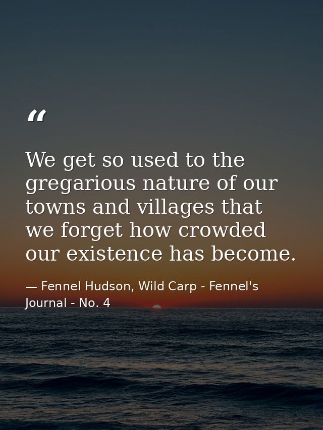 We get so used to the gregarious nature of our towns and villages that we forget how crowded our existence has become. — Fennel Hudson, Wild Carp - Fennel's Journal - No. 4