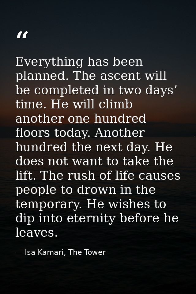 Everything has been planned. The ascent will be completed in two days’ time. He will climb another one hundred floors to — Isa Kamari, The Tower
