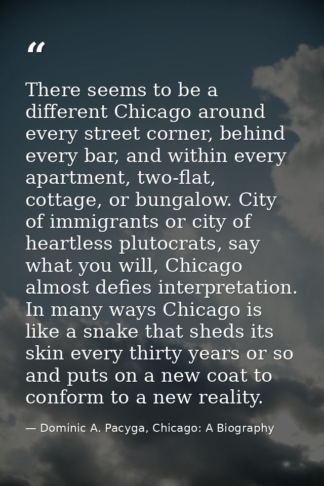 There seems to be a different Chicago around every street corner, behind every bar, and within every apartment, two-flat — Dominic A. Pacyga, Chicago: A Biography