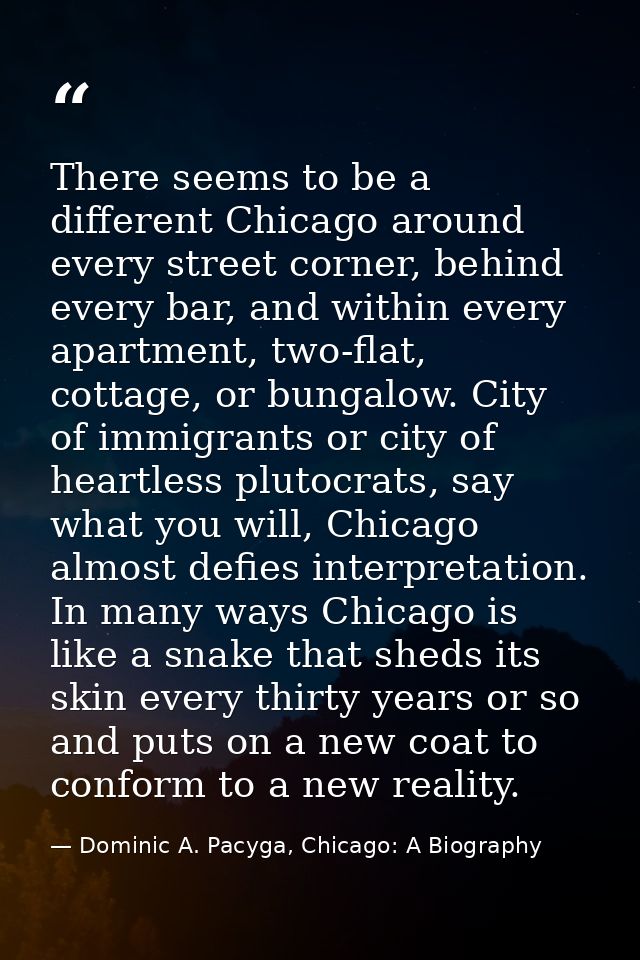 There seems to be a different Chicago around every street corner, behind every bar, and within every apartment, two-flat — Dominic A. Pacyga, Chicago: A Biography