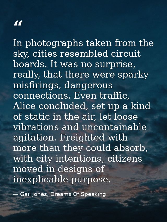 In photographs taken from the sky, cities resembled circuit boards. It was no surprise, really, that there were sparky m — Gail Jones, Dreams Of Speaking